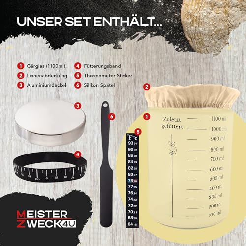 MEISTERZWECK4U Sauerteig Starter Set zum Brot backen - 1100ml Gärglas mit Thermometer, Fütterungsband...