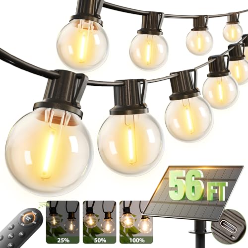 addlon 56FT(50+6) Solar String Lights Outdoor with Remote, 27 Shatterproof G40 Bulbs, Solar Powered & USB Charging Patio Lights, Dimmable Waterproof Solar String Lights for Outside, Camping, Backyard