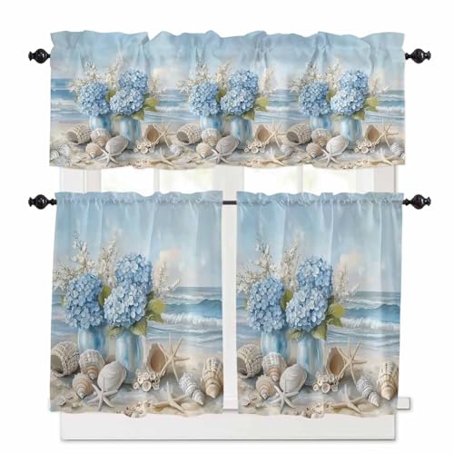 Hydrangeas Flowers Kitchen Curtains 36 Inch Length, 3 Piece Rod Pocket Small Half Tiers and Valance Set, Coastal Seaside Starfish Summer Small Large Window Treatment Decor for Bedroom/Bathroom Sink
