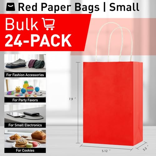 Image of SUNCOLOR 24-Pack Red Gift Bags with Handles, 8 inch Kraft Paper Goodie Bags for Christmas, Valentine's Day, Birthday Party Favors