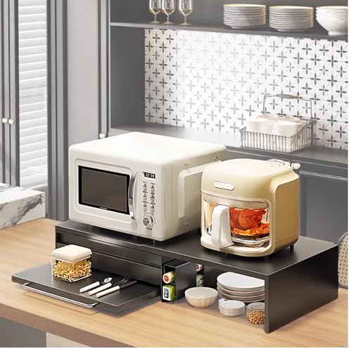 レンジ下スライドテーブル 引出し付き 幅 46-96cm 伸縮 耐荷重 60kg 炊飯器/トースター対応 キッチン収納省スペース 調味料/スパイスラック 取っ手付き簡易設置 家電下収納ラック (マットブラック)