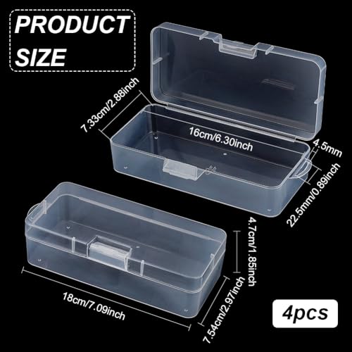Image of BENECREAT 4 Packs Rectangle Plastic Container Box, 7x3x1.8inch Clear Storage Organizer with Hinged Lid and Hanging Hole for Small Craft Accessories Office Supplies