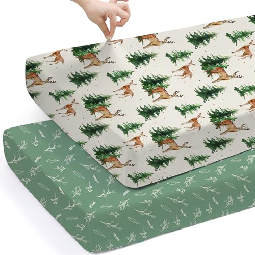 Image of BROLEX Baby Fitted Crib Sheets: Kid Crib Sheets - Set of 2 for Toddler Standard Size Crib Mattress for Boys and Girls - Jersey Knit Crib Bed Sheets Sika Deer&Foliage