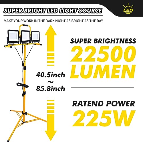 22500 Lumen Work Lights with Stand, 3 Adjustable Head LED Work Light, with 38.2\"- 75.2\" Adjustable and Foldable Tripod Stand, Waterproof Lamp with Individual Switch with 7500 Kelvin Color Temperature - Thumbnail 3