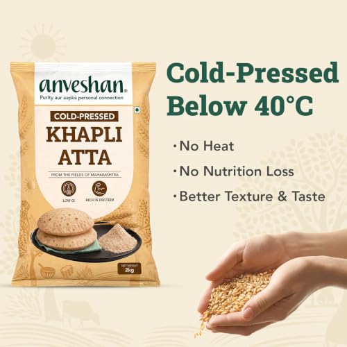 Image of Anveshan Cold-Pressed Khapli Atta 2 KG | 100% Emmer Wheat | Low GI, High Fiber, Stone-Ground Flour | High Dietary Fiber for Easy Digestion