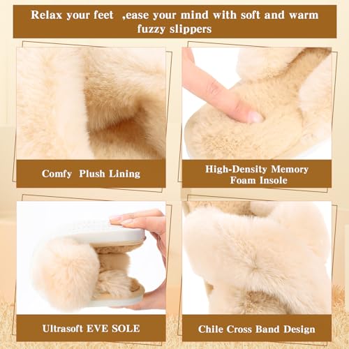 Image of 12 Pairs Women's Fuzzy Slippers Cross Band Open Toe Bridesmaid Fluffy Comfy House Slippers for Indoor Outdoor Wedding