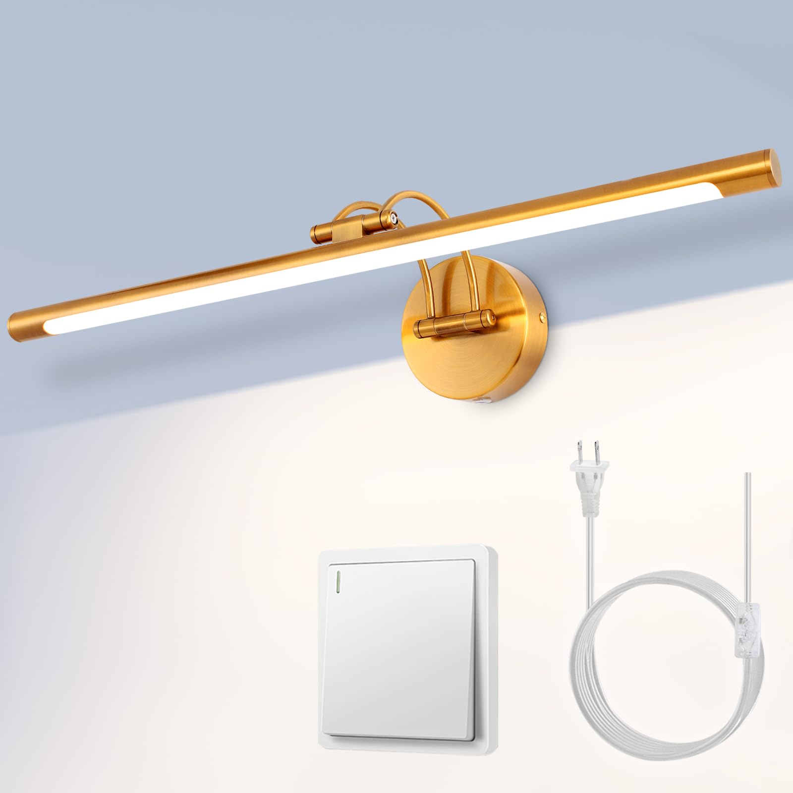 MantoLite 24'' Picture Lights for Wall,Vanity Lights for Bathroom,Plug-in or Hardwired,12W 3000K LED Modern Bathroom Lighting Fixtures Over Mirror and Wall Lights for Bedroom(Brass)