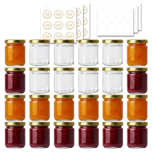 ComSaf Marmeladengläser Klein mit Deckel Runde Einmachgläser Klein mit Schraubdeckel & Etiketten Luftdichte Schraubgläser mit Deckel für Selbstgemachte Marmelade Honig Geschenkliebhaber 120ml/24pcs