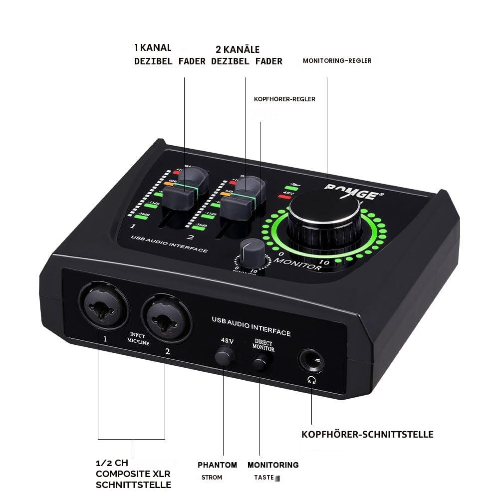 BOMGE Mini-2-Kanal-USB-Audio-Schnittstelle für Aufnahme, Streaming und Podcasting, mit XLR/48 V Phantomspeisung, Audio-Interface in Studioqualität für Gitarristen, Vokalist, Podcaster oder Produzenten