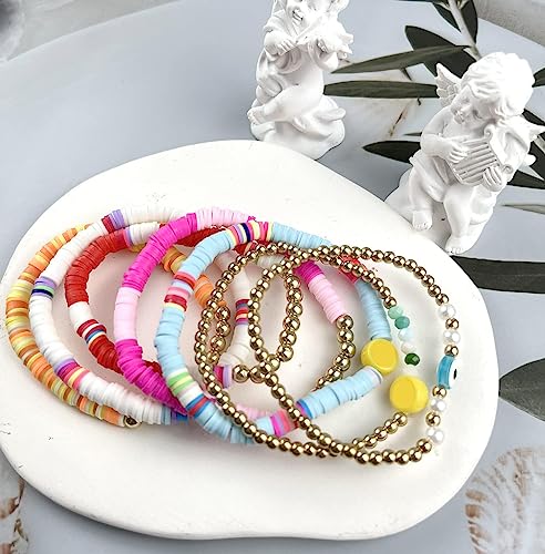 WAINIS 44 Pcs Surfer Heishi Clay Bead Bracelets for Women Bohemian Stackable Beaded Stretch Bracelets Elastic Layering Friendship Bracelets Set Boho Jewelry Cute Bracelets for Concert Beach Vacaiton 6