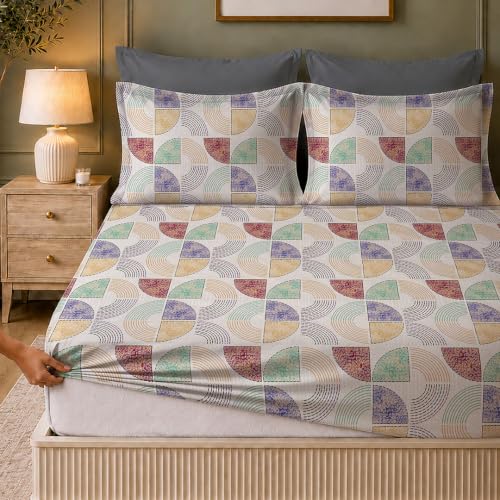 Image of LANE LINEN Symphony 100% Cotton 144TC King Bedsheet Set, 3 Piece, Printed | Printed 3-Piece Set With 1 King Fitted Bedsheet (1.83 x 1.98 M + 0.30D CM), 2 Pillow Covers, 144 TC, Soft & Breathable Cotton