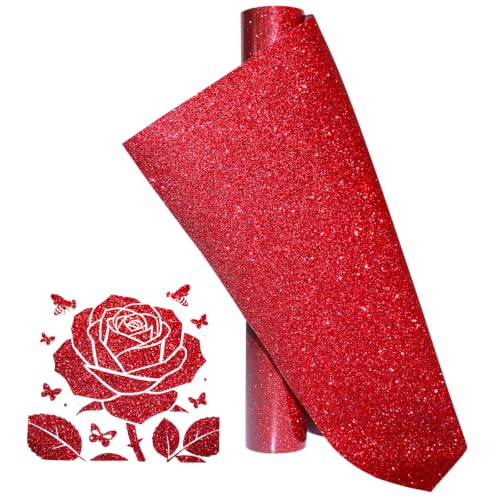 Image of Glitter Red Heat Transfer Vinyl Red HTV Vinyl Roll 12 x 5 Feet Iron on Vinyl for Cricut, T-Shirts DIY Design Totes and Bags, Easy to Cut & Weed for Silhouette Cameo, Heat Press Machine