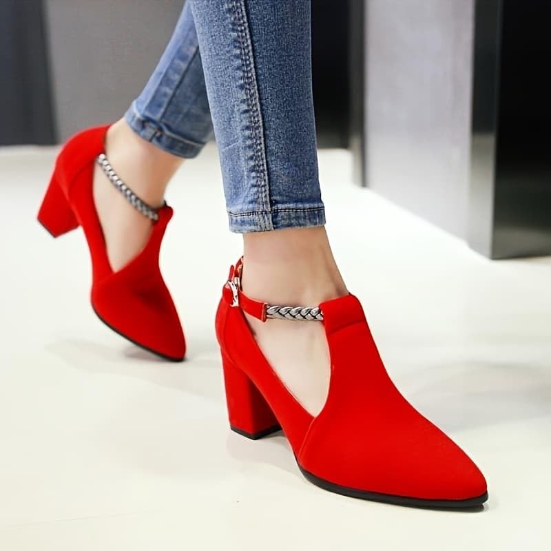 NOWNIN Women's Cut Buckle Strap Ankle Boots Pointed Toe Chunky Block Heel Suede Booties Solid Color Fashion Wedding Sexy Dress Shoes2