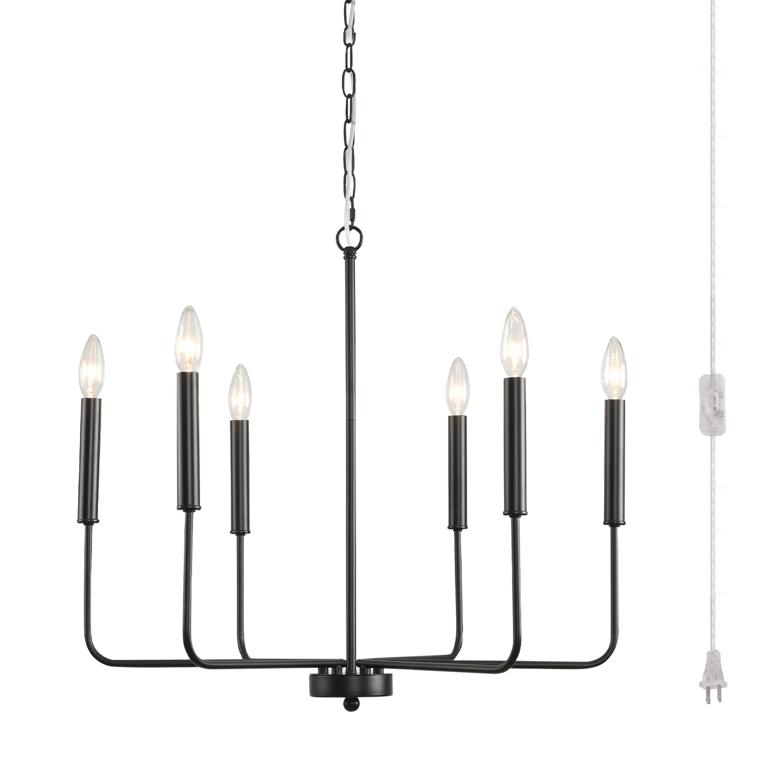 HOXIYA 25.6" Plug in Chandelier Lighting with Cord, 6 Light Modern Farmhouse Chandelier for Dining Room, Retro Plug in Chandelier Rustic Ceiling Pendant Light for Kitchen Living Room Bedroom Foyer
