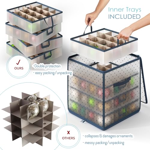 Image of Hearth & Harbor Christmas Ornament Storage Box With 4 Inner Tray Dividers - Plastic Ornament Storage Container For 64 Holiday Ornaments or Decorations