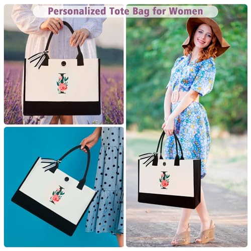 Image of Initial Canvas Tote Bag, Monogrammed Tote Bags Suitable for Mother's Day Wedding Beach