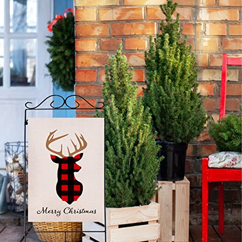 Dyrenson Merry Christmas 28 X 40 House Flag Buffalo Plaid Deer Double Sided, Xmas Farmhouse Quote Burlap Red Garden Yard Décor, Tartan Checkered Winter Seasonal Outdoor Decorative Large Flag Holiday #TOP4