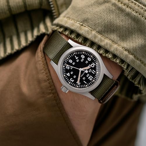 Image of Hamilton Khaki Field Mechanical Men's Watch, 38mm Stainless Steel Case, Swiss Made, Black Dial Analog Wrist Watch for Men, 50m Waterproof, Sapphire Crystal, Textile Strap