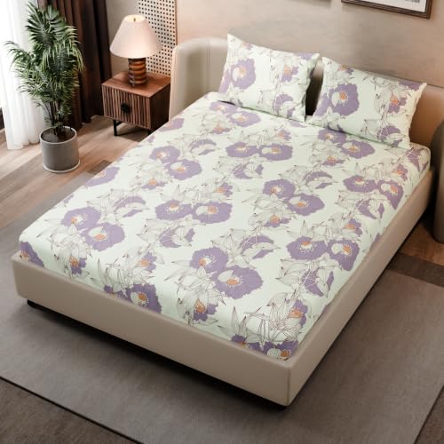 Image of BLISSHOME SoftTouch 140TC Cotton King Size Fitted Bedsheet with 2 Pillow Covers, Silky Smooth Bedding Set, Breathable, Easy Maintain, Floral Print - White, Pink (182cm x 198cm x 25cm Drop)