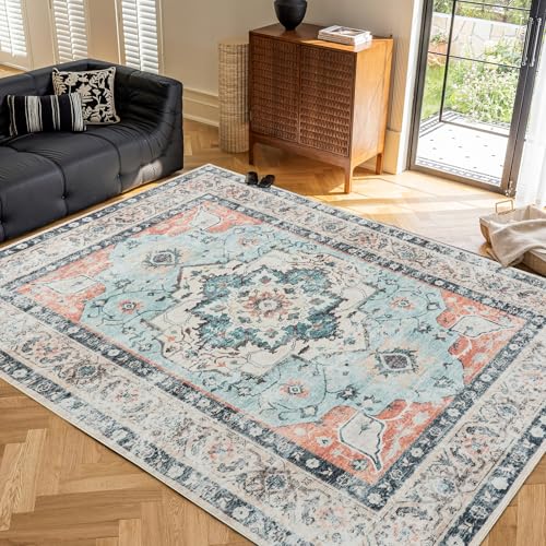 CHOSHOME Alfombra Salon de Pelo Corto mullida Parte Inferior Antideslizante Lavable Alfombras Tradicionales Vintage Rug Modern Dormitorio Habitación Infantil 200X290CM Naranja-Verde