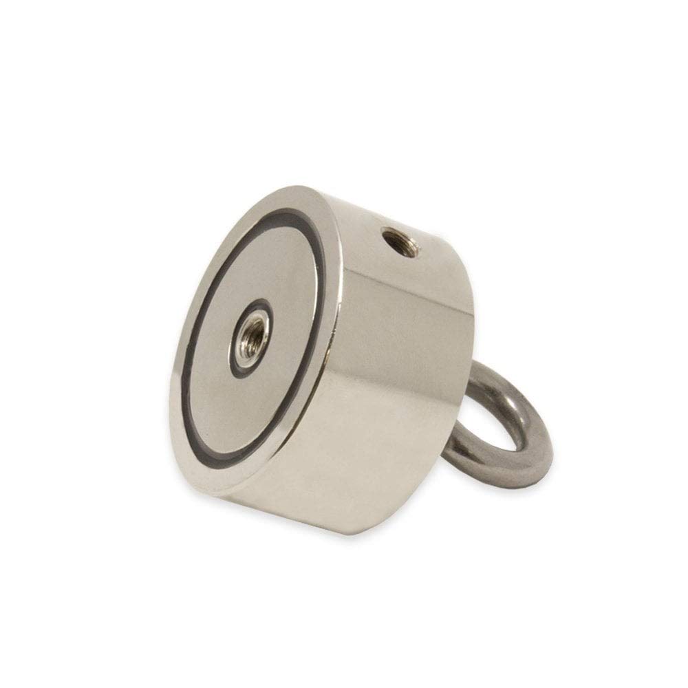 N42 Aigneur de Pot N42 Avec Des Boulons D'Œil 2X M8 et Une Corde de 10 M Pour la Pêche á L'Aimant, la Récupération et la Chasse Au Trésor - 60mm dia x 22mm - 120kg de Traction