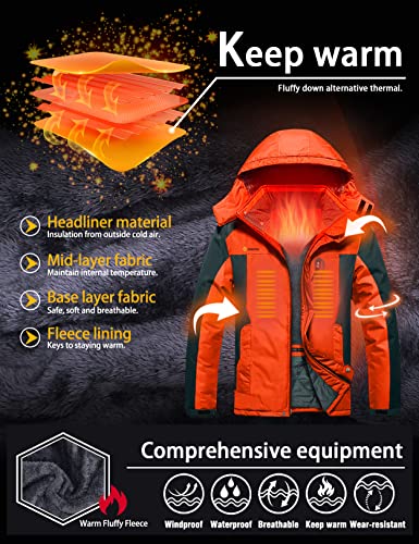 GEMYSE Herren Skijacke Winddicht Wasserdicht Warmes Fleecefutter Winterjacke mit Kapuze für Outdoor(Orange Grau 08,M)