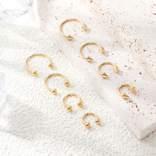 Yolev 8 sztuk kolczyków do piercingu w kształcie podkowy, 16 g, stal chirurgiczna, kolczyk do przegrody nosowej, piercing septum, złoty, kolczyki do nosa, piercing ust, pierścionki do brwi, kolczyki