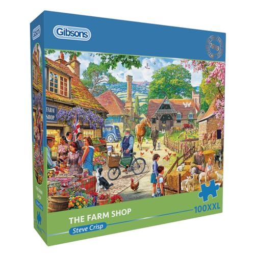 Gibsons The Farm Shop 100XXL Piece Jigsaw Puzzle for Adults Summer Countryside Scene by Steve Crisp Extra Large Pieces Nostalgic British Artwork Premium Sustainable Puzzle Made in the UK/EU