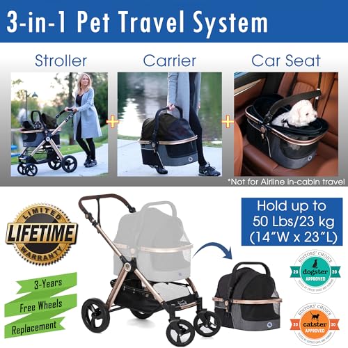 image for HPZ Pet Rover Prime 3-in-1 Luxury Dog/Cat Stroller (Travel Carrier + C
