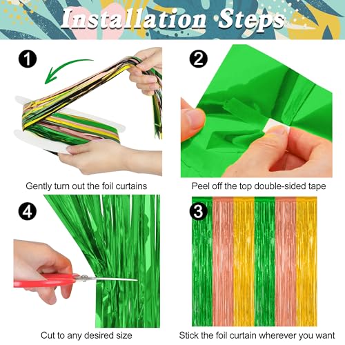 Image of ZATAYE 2 Pack Green Brown Yellow Hawaiian Luau Foil Curtain Decorations | Green Brown Yellow, Metallic Foil, 3.28 x 7.05 FT, Tinsel Backdrop, Foil Curtain Streamer, Luau Party