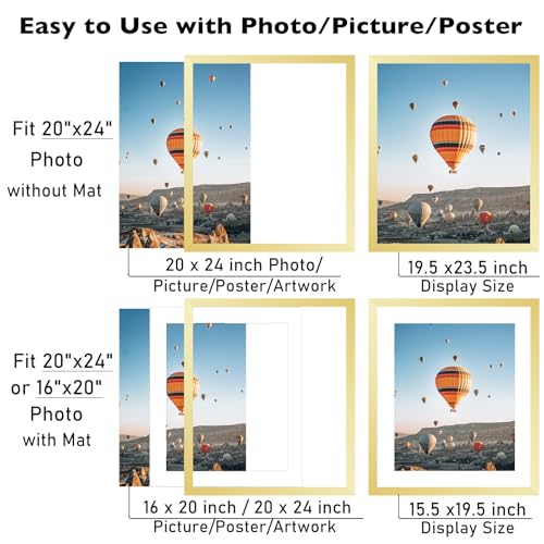 Image of JCJMY 20x24 Picture Frame with 16x20 Mat, Display Photo 16x20 with Mat or 20 x 24 Without Mat, Wall Hanging Large 20 by 24 Poster Frame with Plexiglass, Gold