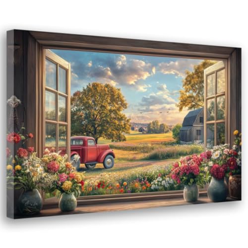 CGXLB Farmhouse Window Wall Art Rustic Countryside Landscape Paintings, Tractor