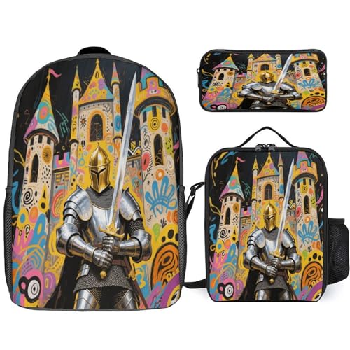 Printed Backpack With Lunch Pack Storage Box Case Castle Knight 3pcs Lightweight Travel Backpack