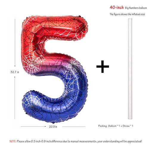 Image of 40 In Red And Blue Spider Theme Large Number 5 Balloon | Giant Large Helium Foil Balloon for Boy or Girl 5 th Birthday Wedding Anniversary Baby Shower Party Decorations