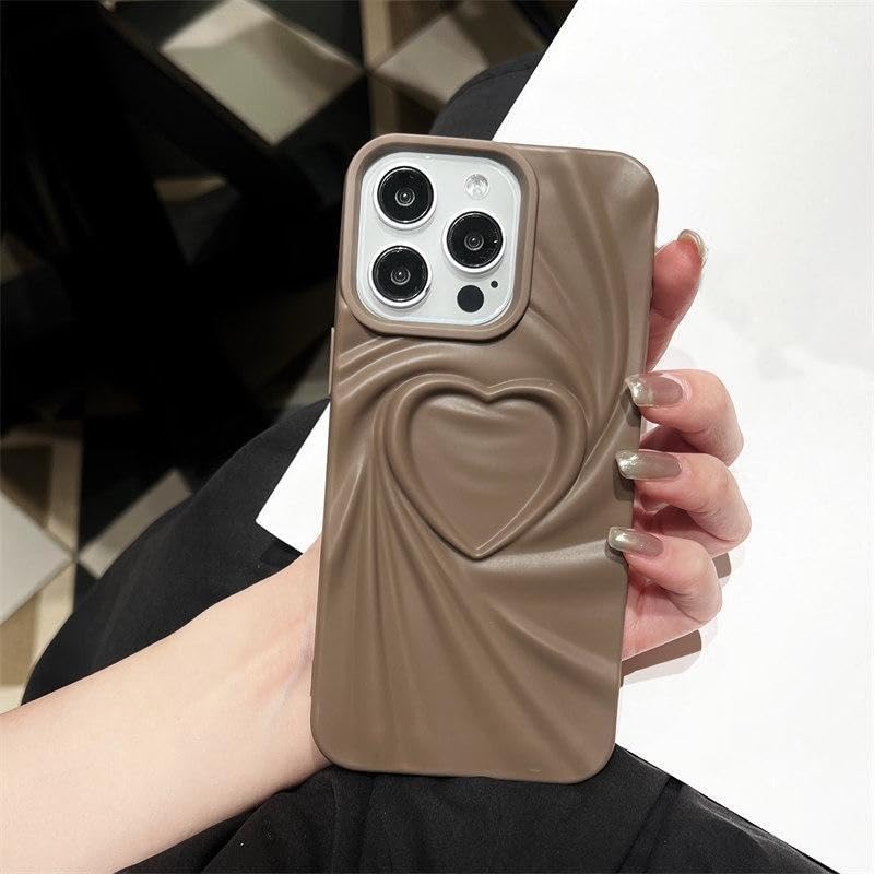 Image of COVERLY Heart Shape Design Back Case Cover for iPhone 12 Pro | Embossed Wrinkle Cute Silk Pattern | Love Trendy Matte TPU | Soft Silicone Fashion Aesthetic Cover for Girls & Women (Brown, Shockproof)