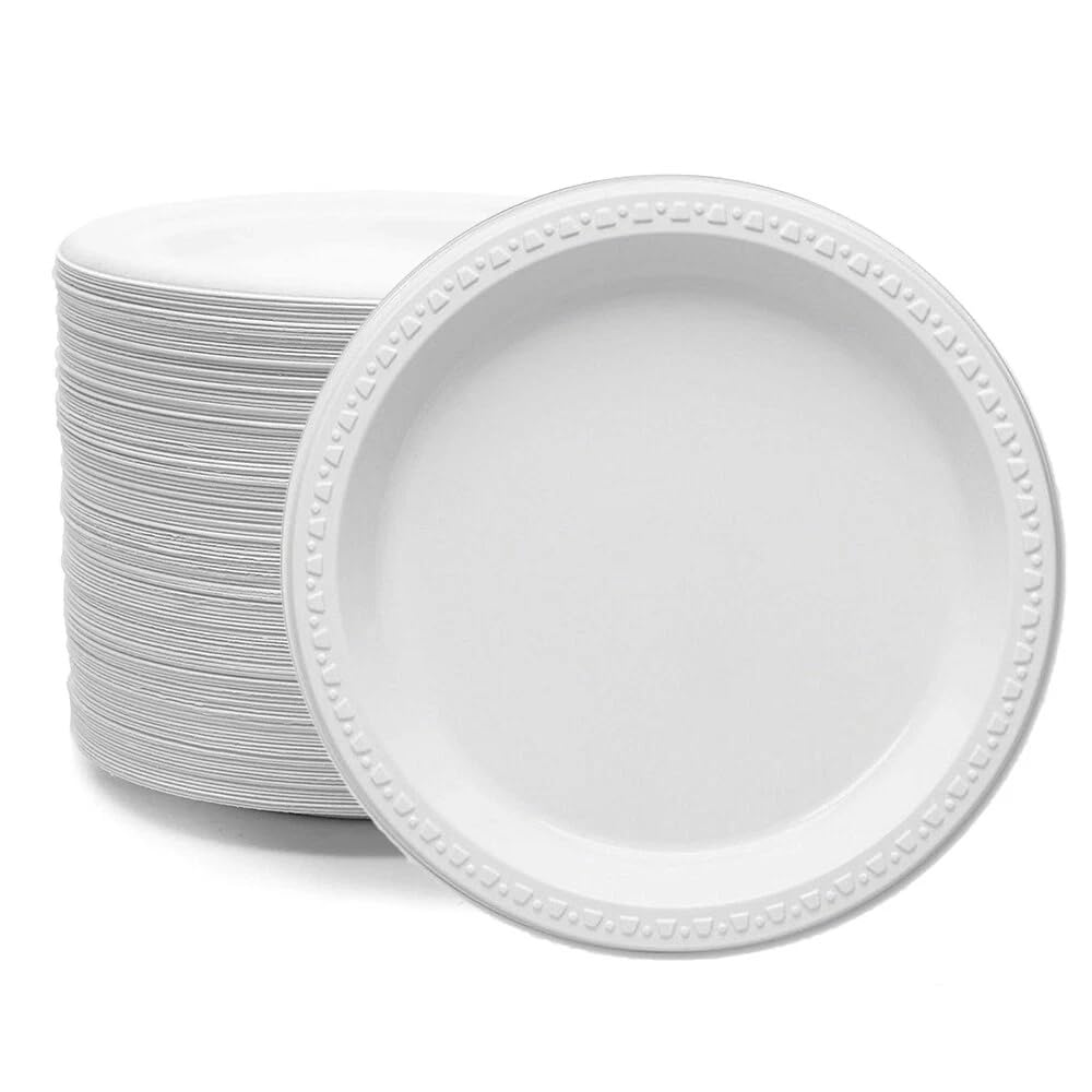 Venuscello 200 x Plastic Party Plates 9" (23cm) White Reusable Dinner Plates for Catering Wedding Party BBQ Events Durable Lightweight Serving Plates