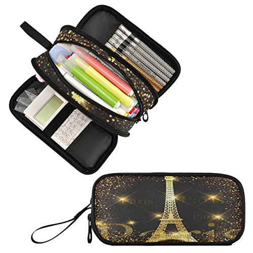 Image of Fustylead Fashion Shiny Paris Stars Large Pencil Pen Case Stationery Bag, 3 Compartments School College Office Desk Organizer Storage Pouch Marker for Teen Boys Girls Students-Black