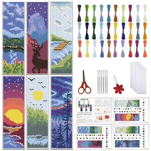 Bookmark Kit Scenery Pattern With 30 Colors Embroidery Floss Diy Bookmark Kit With Instruction Embroidery Kit For Beginners 8''x2.4''