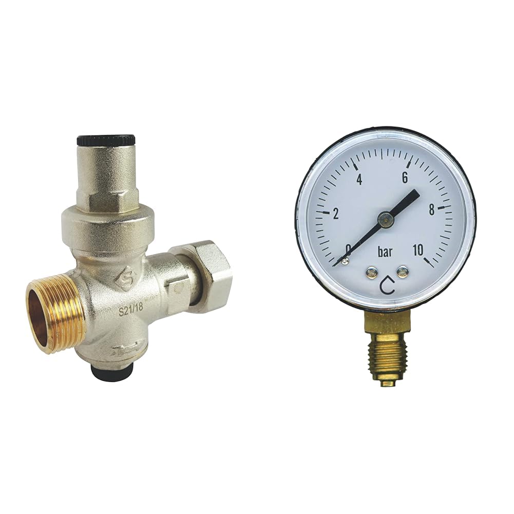 SOMATHERM FOR YOU - Réducteur de pression à piston - Ecrou tournant -Mâle 20/27 - Prise manomètre sur le dessous & Manomètre à raccordement radial M8/13 - Pression maxi 10bar Gris