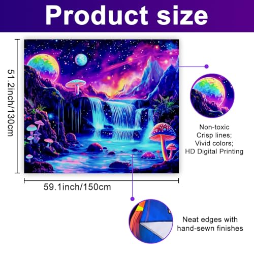 WEBEEDY UV Reactive Waterfall Tapestry Blacklight Galaxy Mushroom Landscape Tapestry Wall Hanging Aesthetic Glowing Tapestries for Bedroom Living Room Backdrop Party Decor 150x130cm - Image 2