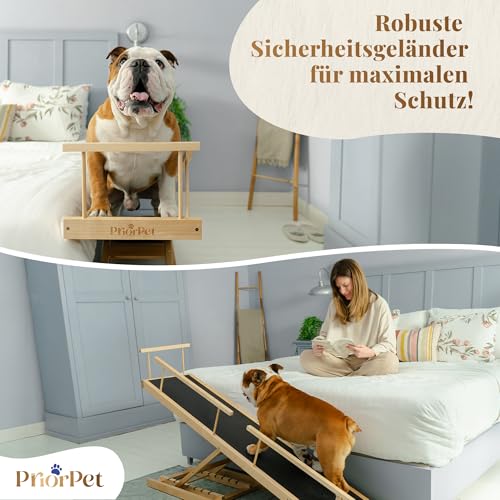Hunderampe Bett PRIORPET aus Birkenholz mit Sicherheitsgeländer - Höhenverstellbare hundetreppe für Betten bis zu 94.5cm - Klappbar - Anti-Rutsch-Griff - Für kleine Hunde bis zu 23kg - Naturel