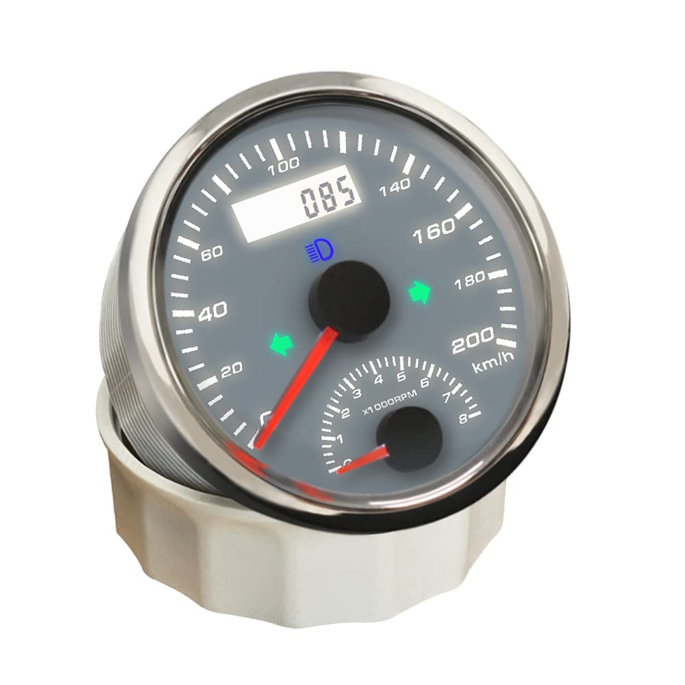 ELING Universal 200km/h GPS Speedometer with 8000 RPM Meter for Truck Boat IP67 Waterproof Class Car Gear Meter 85mm 9-32V (200km/h-White+Stainless Steel)