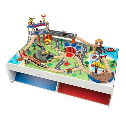 KidKraft Railway Express Wooden Train Set & Table with 79 Pieces and Two Storage Bins
