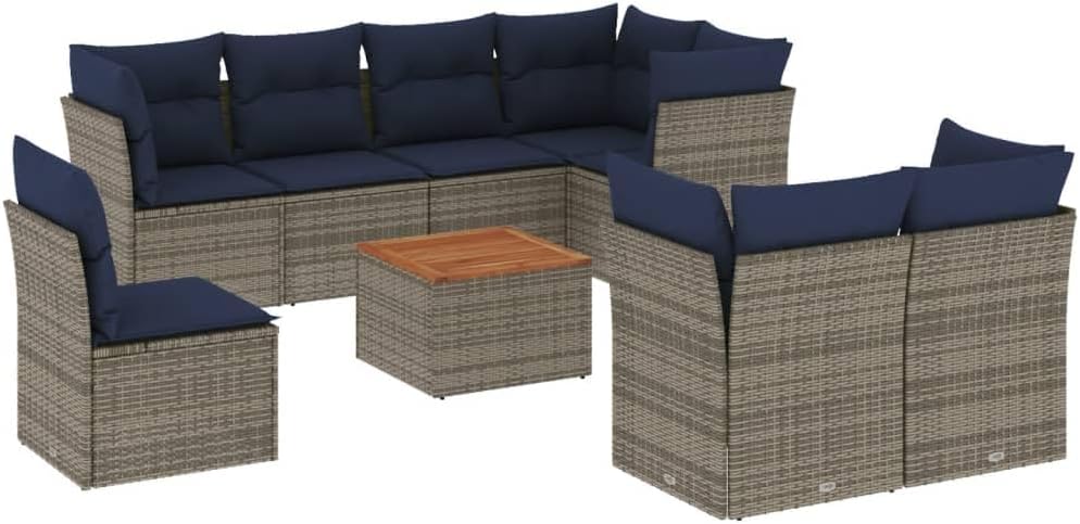 9 Piece Patio Sofa Set with Cushions Gray Poly Rattan Garden Furniture Set Garden Seating Ensemble for Deck Backyard