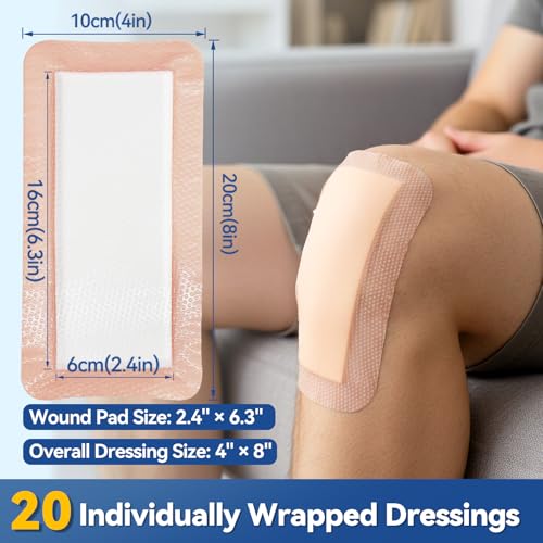 Image of Dimora 20 Count Silicone Super Absorbent Wound Dressing - 4 inch x 8 inch Soft Gauze Pads for Bed Sores Leg Ulcers Post Surgical Incisions, Adhesive Wound Bandage with Gentle Border