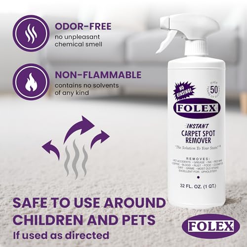 Image of FOLEX Instant Carpet Spot Remover 32 oz - Powerful Stain Remover for Carpets, Upholstery & Rugs - Eliminates Pet Stains, Grease, Red Wine, Food, Makeup & More - With Reusable Cleaning Cloth - 3 Pack
