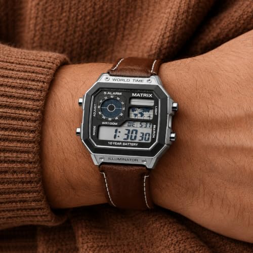 Image of Matrix Illuminator Leather Strap Digital Watch with Alarm, Stopwatch, World Time | for Men & Women
