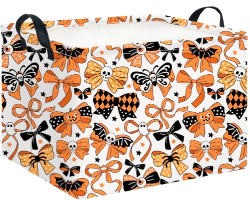 Image of CLOCOR Rectangular Storage Basket,Collapsible Cute Pattern Storage Bin,Waterproof Books Box with Handles,Gift Basket(Halloween Bowknot)