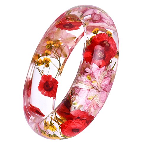 Women’s Acrylic Resin Bangle Bracelet - Dried Flower Daisy Cuff Bracelet, Fashion Statement Jewelry for Women, Vintage Style, 23mm Width, 2.5 inches, Resin, no gemstone