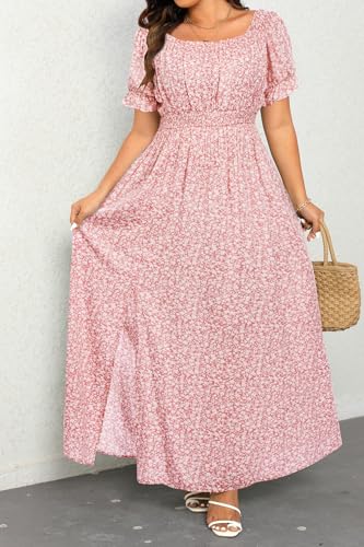 Image of Holipick Women's Off The Shoulder Boho Dress Plus Size Floral Smocked Waist Split Summer Maxi Sundress with Pockets